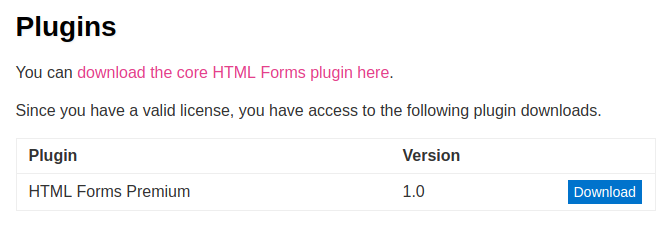 The Plugins screen of the HTML Forms Premium account area.