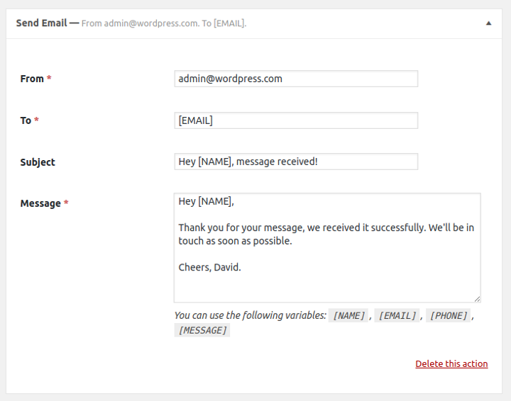The Email Action that comes with the HTML Forms WordPress plugin.