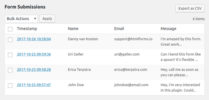 Form submissions viewable inside the WordPress admin when using the HTML Forms for WordPress plugin.