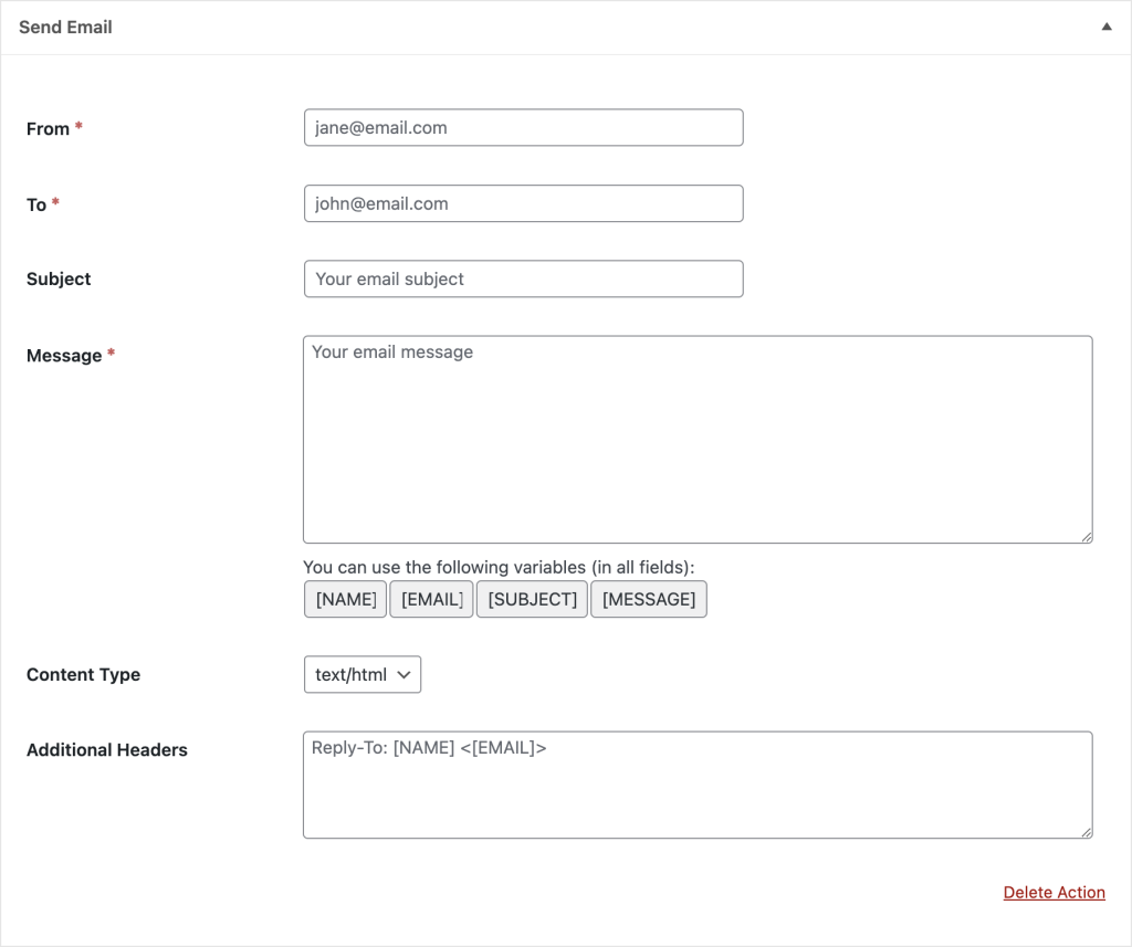 Send Email action found in the HTML Forms WordPress plugin.