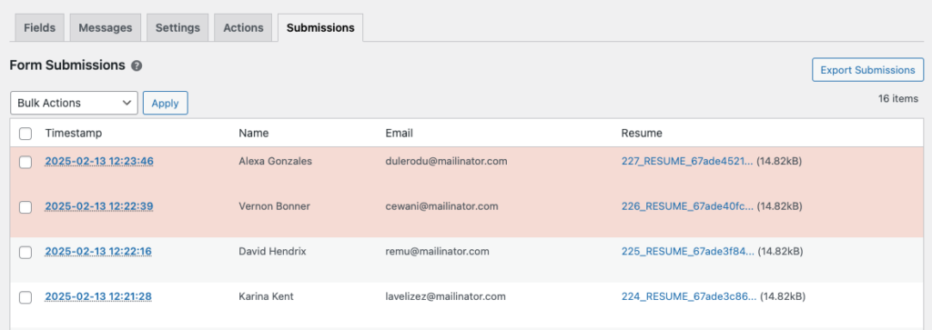 Screenshot of HTML Forms Premium Submission Notifications in the Submissions Tab of a Form