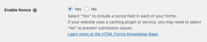Screenshot of HTML Forms Enable Nonce Setting