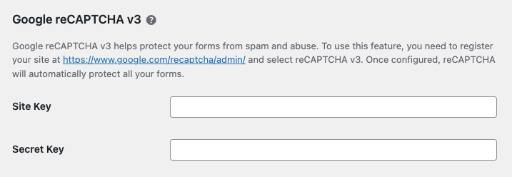 Screenshot of HTML Forms Google reCAPTCHA v3 Settings